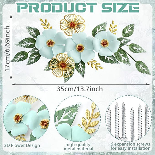 Otoolling 13.7'' Metal Flower Wall Decor, 3D Light Blue & Gold Floral Sculpture with Green Leaves, Hanging Wall Art Accent for Living Room, Bedroom, Bathroom, Home Indoor Outdoor Decoration