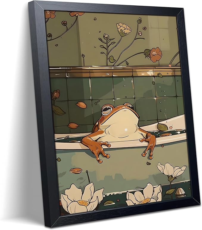 Funny Frog Bathroom Canvas Wall Art, Cute Japanese Frog in Toilet Wall Decor Painting, Whimsical Animal Restroom Canvas Prints Poster 12x16 Inch Framed