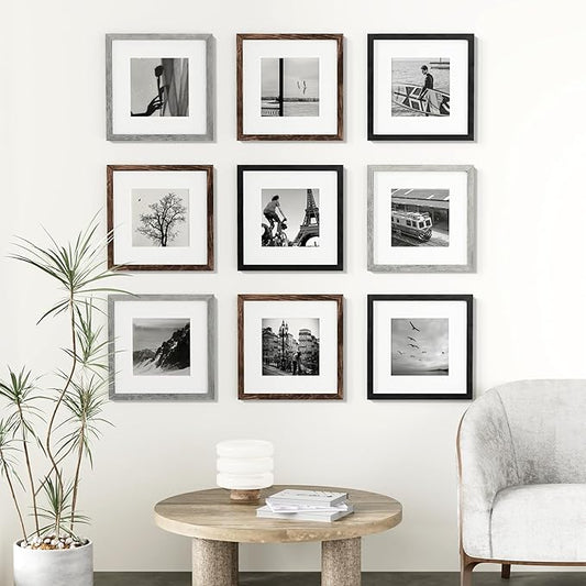Vittanly 12x12 Picture Frames Set of 9, Display 8x8 Pictures with Mat or 12x12 without Mat, Photo Frames for Wall Mount, Engineered Wood, Black&Brown&Grey