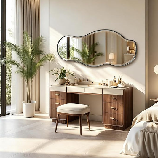 POZINO Irregular Beveled Mirror, 53"x24" Premium Bathroom Vanity Mirror with Metal Frame, Large Asymmetrical Organic Wall Mirrors for Living Room Bedroom Hallway Entryway, Horizontal/Vertical Hanging