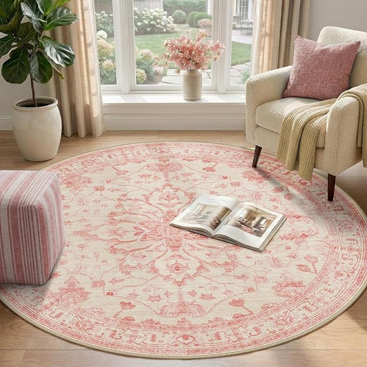 RELEANY Area Rugs Round 4ft Washable Non-Slip, Floral Vintage Distress Print Pattern Medallion Carpet for Living Room Bedroom Dining Room, Pink Light Vintage Pink