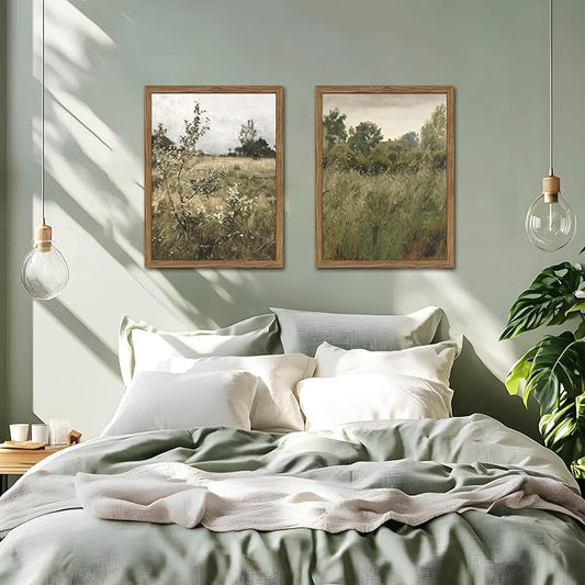 Vintage Landscape Wall Art Set of 2, Green Natural Wilderness Farmhouse Canvas Wall Decor Paintings, Retro Country Wildflower Oil Pictures Posters Prints for Living Room Bedroom 12x16 Inch Wood Framed