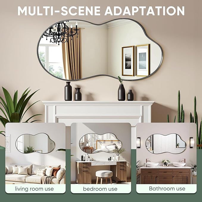 Suidia Irregular Wall Mirror, 48"x26" Bathroom Mirror Asymmetrical Mirrors Artistic Mirrors Decorative for Living Room Bedroom Bathroom Hallway Entryway, Black, Cloud Style