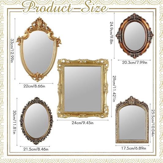 Wonderjune 5 Pcs Vintage Mirrors for Wall Decor Gold Antique Resin Frame Oval Rectangle Mirror for Home Decor Photography Props Gifts (Ornate Style)