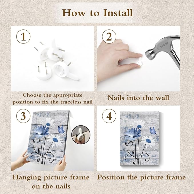HVEST Farmhouse Floral Wall Art for Living Room, Blue and White Daisy Flower and Butterfly on Rustic Wood Board Canvas Wall Art Framed Artwork Ready to Hang for Bathroom Bedroom Decor, 16L X 12W