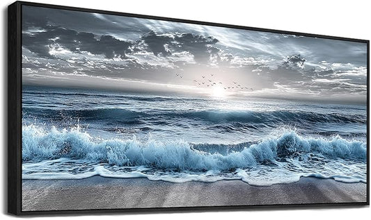 ERQINHUA Sunrise Ocean Seascape Wall Pictures Large Canvas Wall Decor For Bedroom Wall Art For Living Room Office Decor Blue Beach Sea Wave Paintings Artwork Modern Home Decor Black Framed 32x72 In
