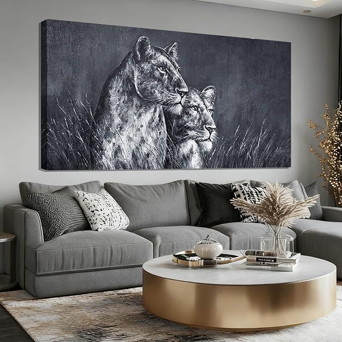 ZENPEE 29"x58" Lion Wall Art - Black & White Spray Print Canvas, Oversized Animal Decor for Bedroom, Living Room, Office - Ready to Hang