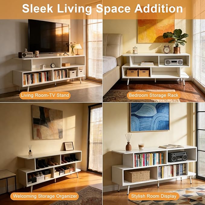 Lightdot 55 Inch TV Stand, up to 65 Inch TVs, Large Storage for Collection with 6 Open Shelves, Sturdy Media Console Table for Living Room/Entrance/Kitchen/Sofa Cabinet, Easy Assembly, White