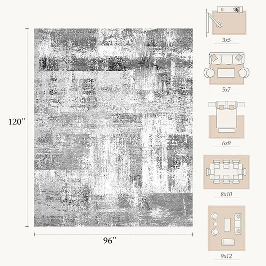 Rugflix 8x10 Large Area Rugs for Living Room, Abstract Washable Rug, Non-Slip, Stain Resistant, Soft Low Pile Carpet, Indoor Grey Rug for Bedroom, Dining Room, Home Office