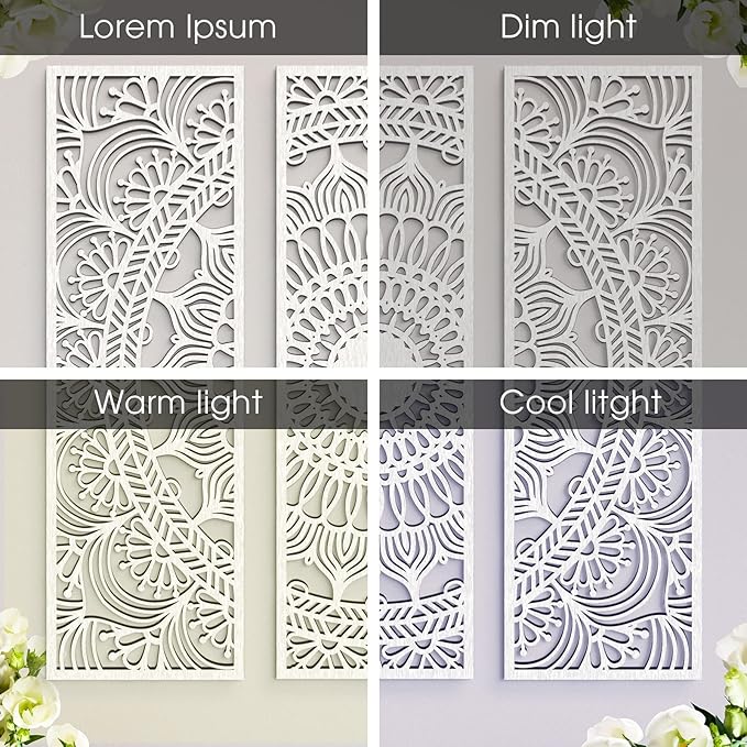 Blulu 3pcs Mandala Wall Art Carved Wood Wall Art Floral Aesthetic Wooden Plaque Set Wood Carving Decor Farmhouse Modern Cutout Plaque for Home Bathroom Decoration(15.8 x 5.1 Inch,White)