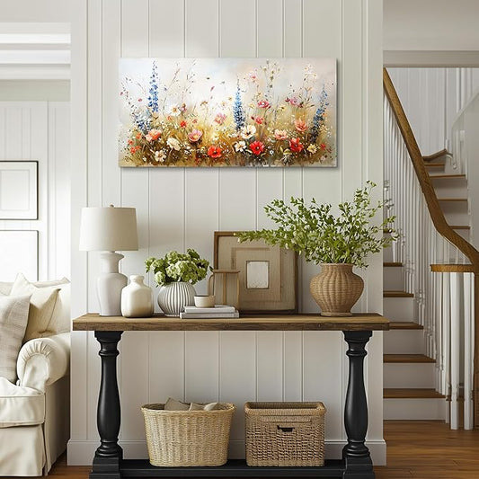 SERIMINO Spring Wildflower Wall Art, Nature Botanical Floral Large Artwork for Walls, Flower Market Canvas Art Prints, Modern Country Aesthetic Paintings Wall Decor Living Room Bedroom 24X48 Inch