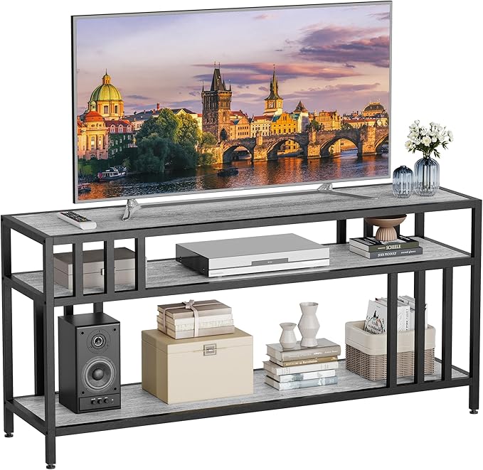 65'' TV Stand for Television up to 75 Inches, Entertainment Center with 3-Tier Open Storage Shelves, TV Media Console Table with Quadruple-Tube Support for Living Room, Grey