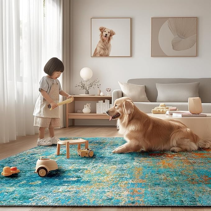 RELEANY Washable Area Rugs 8ft Non-Slip Modern Abstract Soft for Living Room Entryway Bedroom Nursery, Print Pattern, Teal Blue Green Orange Rust Red Coloreful