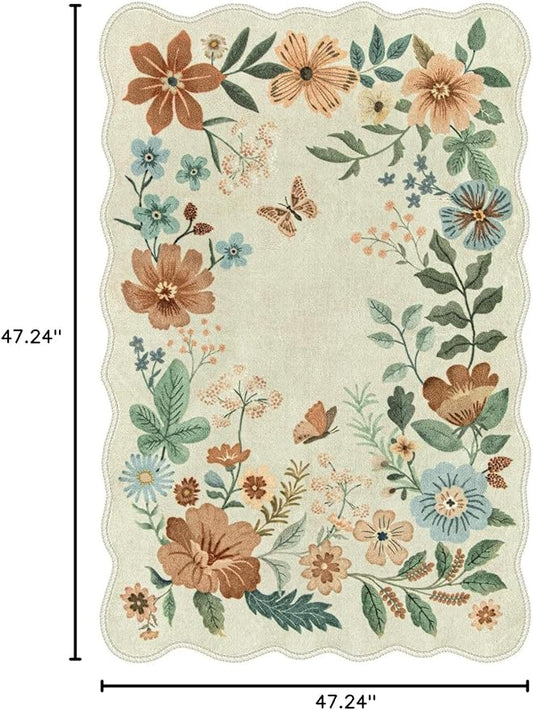 Lahome Floral Bedroom Rug,4x6 Washable Area Rugs for Living Room Dining Room, Non Slip Ultra-Thin Stain Resistant Boho Throw Carpet for Office Flore (4x6ft,Beige)
