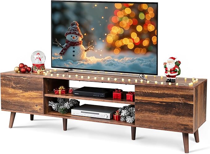 WLIVE Mid-Century Modern TV Stand for 65 70 Inch TV, Entertainment Center with Storage, Adjustable Shelves & Soft-Close, Media TV Console for Living Room/Bedroom, Retro Brown