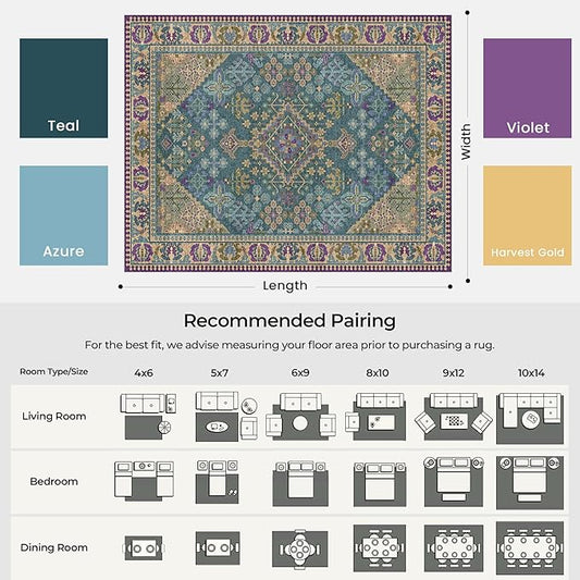 5x7 Area Rugs for Living Room, Machine Washable Low Pile Rug, Non Slip Backing Boho Rugs for Bedroom, Printed Soft Vintage Carpet Teal Green Purple 5 x 7