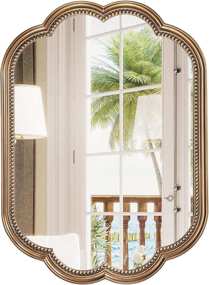 Scalloped Gold Mirror for Bathroom, 23" x 35" Antique Brass Mirror, Vintage Gold Mirrors with Beaded for Over Sink, Bedroom, Living Room, Fireplace, Entryway, Hangs Horizontally or Vertically