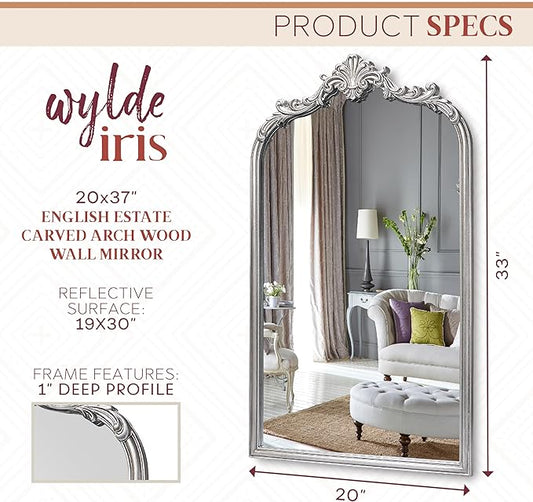 Wylde Iris English Estate Carved Arch Wood Wall Mirror, Mirror for Entryway, Living Room, Bathroom, Antique Silver, 20.4x33