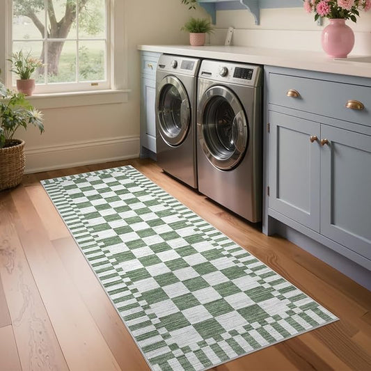 GarveeHome 2.5×10 Kitchen Runner Rug Non Slip,Sage Green Checkered Rug,Washable Runner Rug for Hallway Soft Low-Pile Geometric Checkerboard Rugs for Entryway Kitchen Dining Room