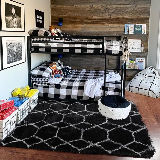 ONASAR 7x9 Area Rugs for Living Room Bedroom, Large Fluffy Black and White Throw Rug, Geometric Soft Plush Shaggy Indoor Floor Carpet for Nursery Kids Girls Boys Teen Dorm Home Decor Aesthetic