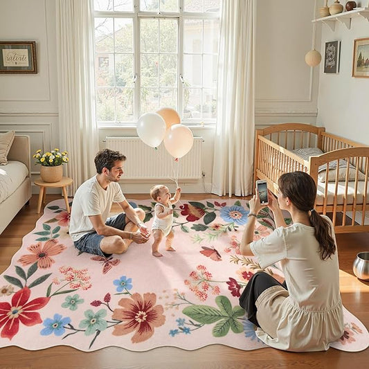 Lahome Floral Living Room Rugs, Pink Area Rugs 5x7 Rug for Bedroom Ultra-Thin Soft Non-Slip Washable Rugs Stain Resistant Throw Boho Carpet for Nursery Classroom Flore, Light Pink