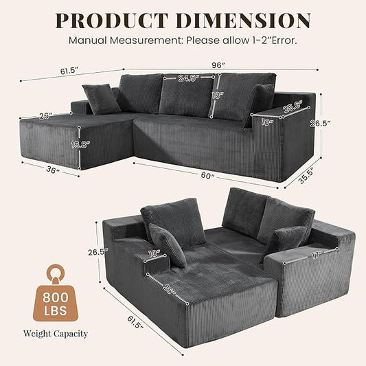 GRUSIGN Cloud Sectional Boneless Couches for Living Room, Modular L Shaped Couch with Deep Seat Oversized Left Facing Chaise, Memory Foam Compressed Spineless 3 Seater Sofa for Apartment, Grey