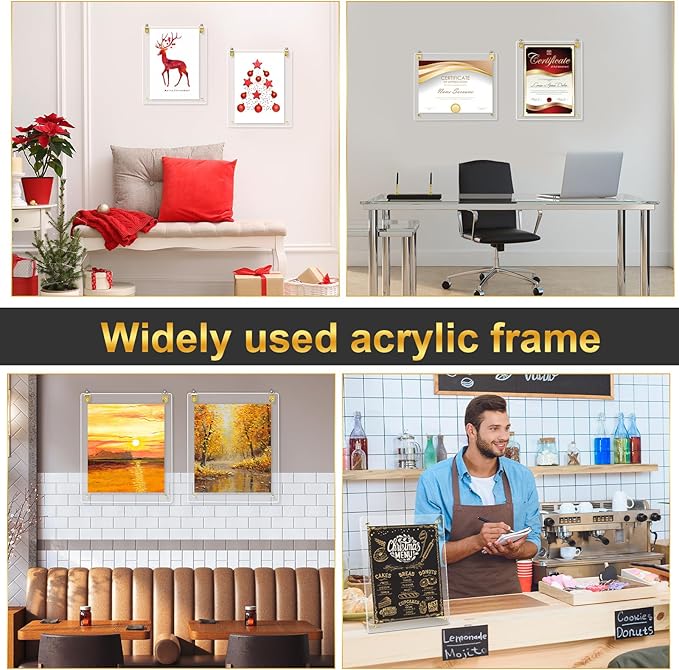Thyle 8 Pcs Acrylic Photo Frame 8x10'' Clear Floating Picture Frame Frameless Photo Display Memories Photography Poster Frames Tabletop or Hanging Wall Mount for Family Wedding Wall Art (Gold)