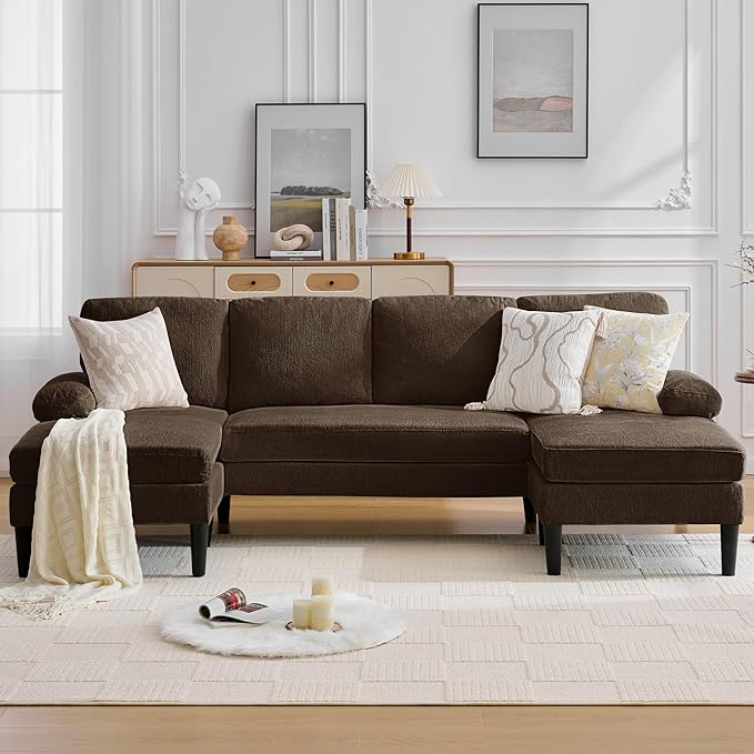 Korser 101" U-Shaped Sectional Couches for Living Room, Chenille Upholstery 4-Seat Sofa with Double Chaises, Modern Couch with Wood Legs for Apartment & Small Space, Brown