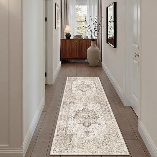 PureCozy Taupe Runner Rug 2x6 Hallway Kitchen Washable Vintage Carpet Non Slip Retro Distressed Low Pile Soft Oriental Medallion Thin Long Throw Rug for Entryway Bathroom Office Laundry Dining Room