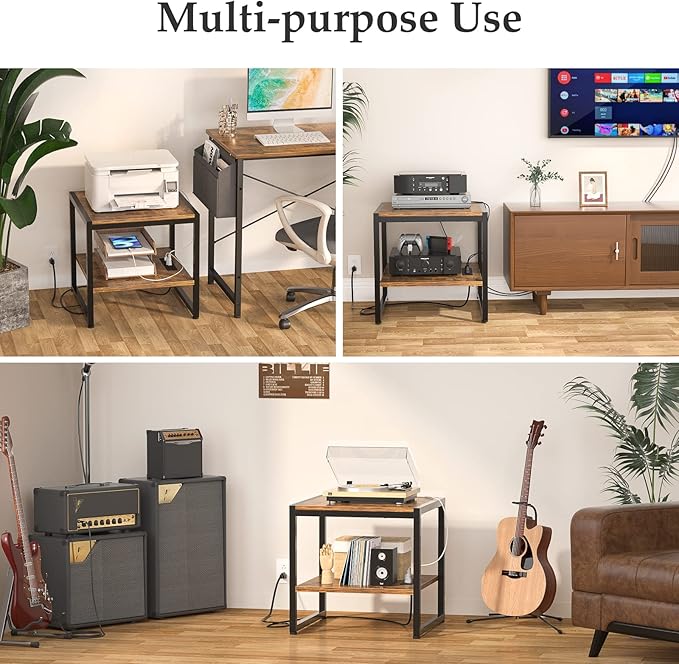 Homieasy End Table with Charging Station, 20" Mini Fridge Stand with Power Outlets, Heavy Duty Side Table for Living Room, Small Table Stand & Fridge Table, Rustic Brown