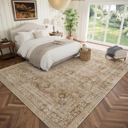 Washable 9x12 Area Rugs for Living Room, Boho Non-Slip Vintage Distress Lager Rugs for Bedroom Dining Room Nursery Office, 0.3" Neutral Oriental Throw Thin Carpet, Brown/Multi, C1