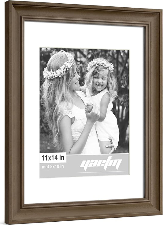 Yaetm 11x14 Picture Frame with Mat for 8x10 Set of 4, 1.4" Wide Molding Brown Wood Grain Photo Frames 11 x 14 with Tempered Glass for Home and Office, Wall Mount (4 pack, Wood Brown)
