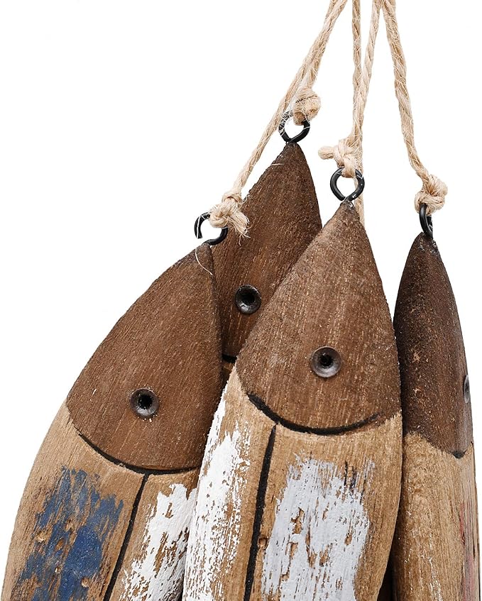 Wooden Fish Decor Hanging Wood Decorations for Wall, Rustic Nautical Beach Theme Fish Sculpture Home Decor for Bathroom Bedroom Lake House Decoration