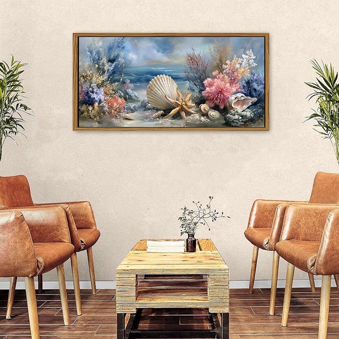 Framed Beach Seashell Bathroom Wall Art Coastal Starfish Pictures Wall Decor Modern Seascape Home Decor Blue Ocean Landscape Painting Prints Nautical Artwork for Bedroom Living Room Decoration 24x48
