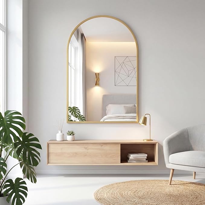 DUMOS 26"x38" Arched Wall Mirror, Bathroom Mirrors for Over Sink, Vanity Mirror with Tempered Glass & Anti-Rust Metal Frame, Entryway, Living Room, Bedroom, Glod