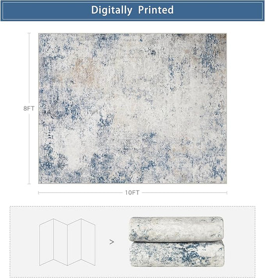 Srugn Washable Rugs 8x10 Area Rugs for Living Room,Modern Abstract Rugs for Bedroom,Large Carpets,Ultra Soft Faux Wool Retro Dining Room Rug,Non Slip&Non-Shedding Low Pile Print Rug- Blue Beige