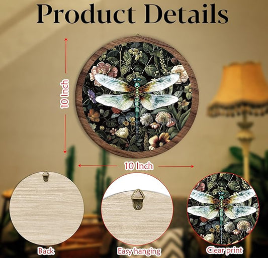 Xeqej Dragonfly Flower Boho Hanging Wall Decor, Vintage Dragonflies Round Wooden Wall Art, Farmhouse Insect Western Boho Decorations for Apartment Home Living Room Bedroom Bathroom Kitchen Office, 03