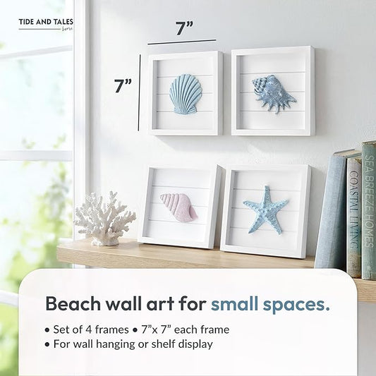 Tide and Tales 3D Seashells & Starfish Coastal Wall Art Decor (Framed Set of 4) Beach Wall Decor for Bathroom or Coastal Bedroom - Ocean Inspired Seaside Decorations for Home or Beach House (7"x7")