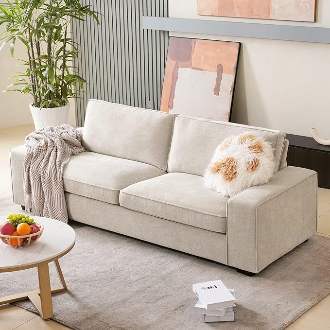 COOSLEEP 71.2" Modern Sofa Couch for Bedroom, Loveseat with Removable Cover, Wide Armrest, Spring Cushions and Solid Wood Frame, Chenille, Easy Assembly for Small Spaces(Beige)