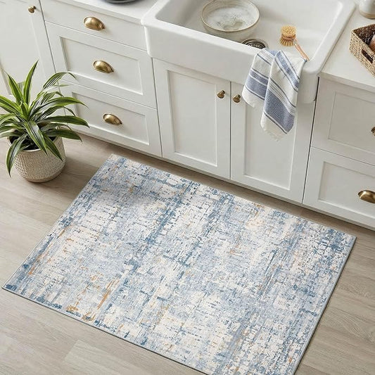 Rugxara 2x3 Entryway Rug,Door Mat Indoor Entrance, Washable Non Slip Kitchen Bathroom Rugs, Ultra-Thin Throw Small Rug for Front Door, Blue Beige