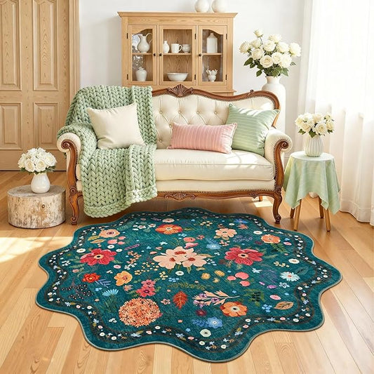 Macgace Dark Green Round Rug for Girls Bedroom, 4ft Machine Washable Floral Area Rugs with Non Slip Backing, Cute Flower Carpet Kitchen Living Room Kids Playroom Decor