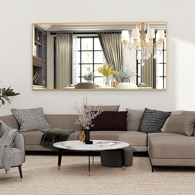 Easly Full Length Mirror with Stand 34"x76" Full Body Mirror Floor Mirror Standing Hanging or Leaning Wall, Wall Mirror with Stand Aluminum Alloy Frame for Living Room Bedroom Cloakroom,Gold