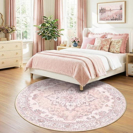 RELEANY Area Rugs Round 7ft Washable Non-Slip, Floral Vintage Distress Print Pattern Medallion Carpet for Living Room Bedroom Dining Room, Pink Greypink Cute