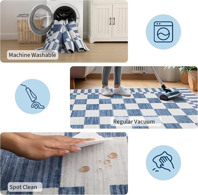 GarveeHome 2.5×8 Kitchen Runner Rug Non Slip,Dark Blue Checkered Rug,Washable Runner Rug for Hallway Soft Low-Pile Geometric Checkerboard Rugs for Entryway Kitchen Dining Room