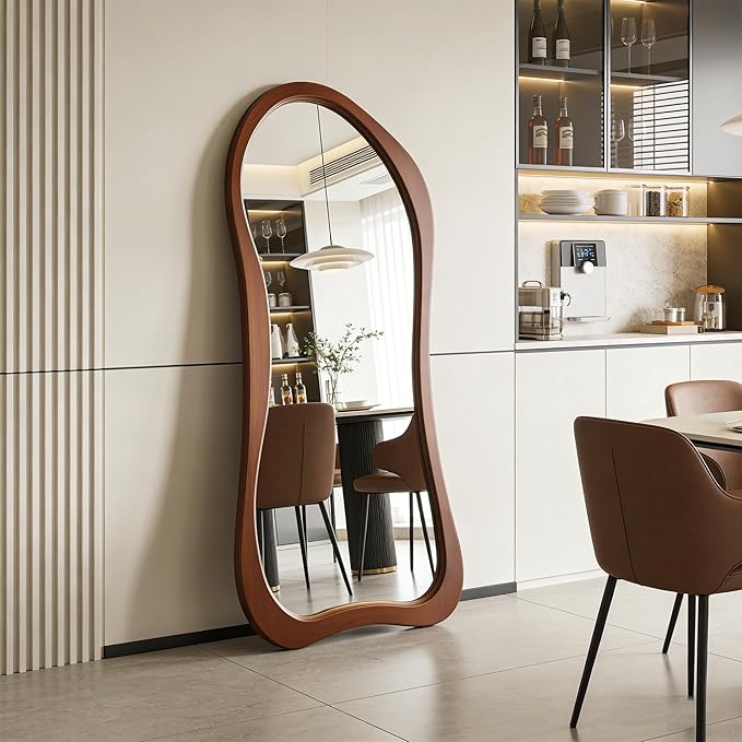 Large Irregular Mirror, 63"x30" Asymmetrical Aesthetic Mirrors with Solid Wood Frame, Premium Organic Shape Floor Mirror for Living Room Entryway Hallway Bedroom Cloakroom, Leaning/Hanging