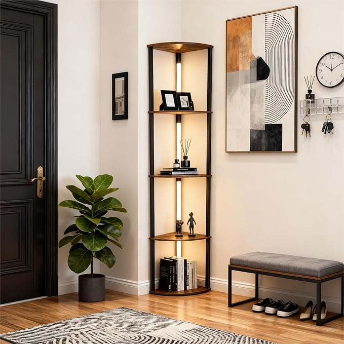 Lightdot Corner Floor Lamps with Shelves, 64Inch 5-Tier Storage Shelf Lamp with Integrated LED Posts/Amber Shelf/Black Frame, Black Display Floor Lamp for Living Room Bedroom/Sofa Beside/Corner Decor