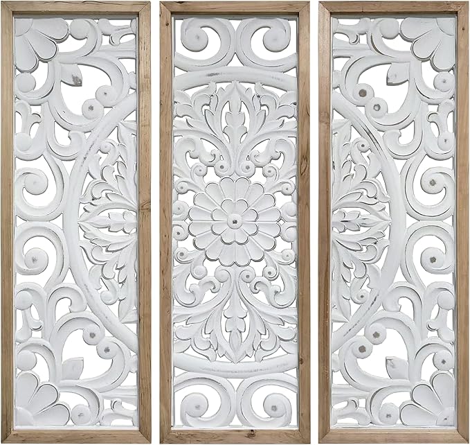 XIAOAIKA Wood Wall Art Vintage Carved Panels, Rustic Farmhouse Wall Decor with Solid Wood Frame, White Distressed Floral Scroll Design, Boho Artwork for Living Room Bedroom, Set of 3 Each 35.5" x 12"