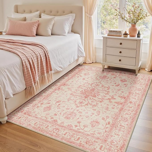 RELEANY Area Rugs 4'x6' Washable Non-Slip, Floral Vintage Distress Print Pattern Medallion Carpet for Living Room Bedroom Dining Room, Pink Light Vintage Pink