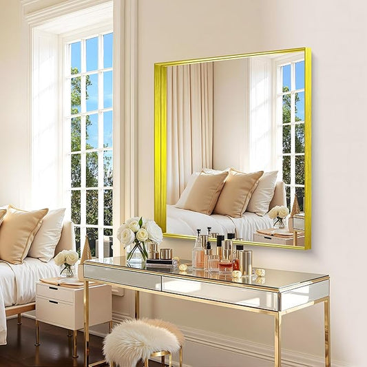CIRCUMI Gold Bathroom Mirror, 30"x36" Rectangular Mirror with Deep Metal Frame, Brushed Finish, Tempered Glass, Mirror for Wall, Oversink, Bedroom, Installed Vertically/Horizontally, Crystal-Clear