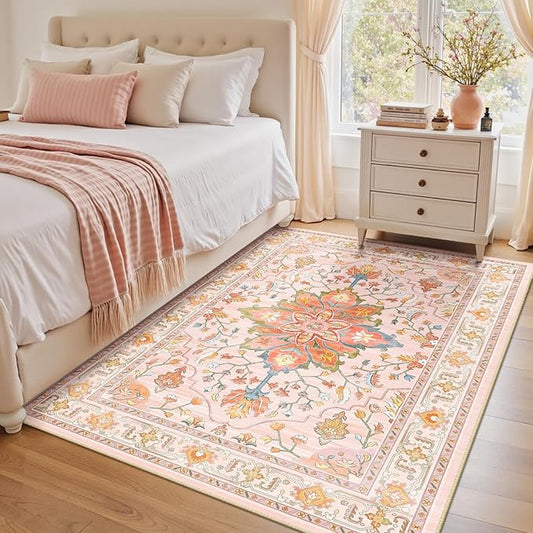 RELEANY Area Rugs 4'x5' Washable Non-Slip, Floral Vintage Distress Print Pattern Medallion Carpet for Living Room Bedroom Dining Room, Light Pink Colorful